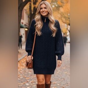 New York & Company Navy Blue Cable Knit Pullover Sweater 1/4 Zip Dress Sz M NWT